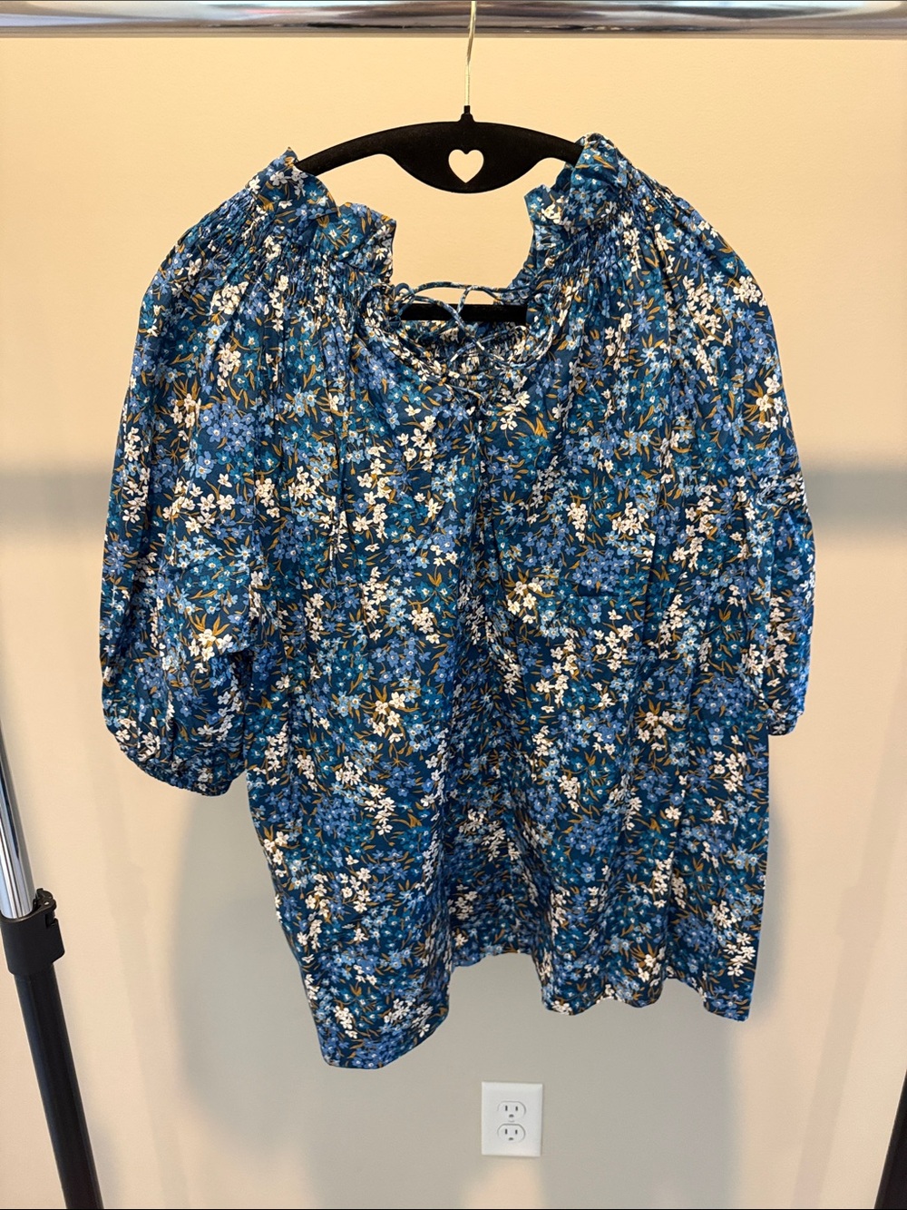 J. Crew Blue Floral Smocked Neck Blouse with Puff Sleeves
